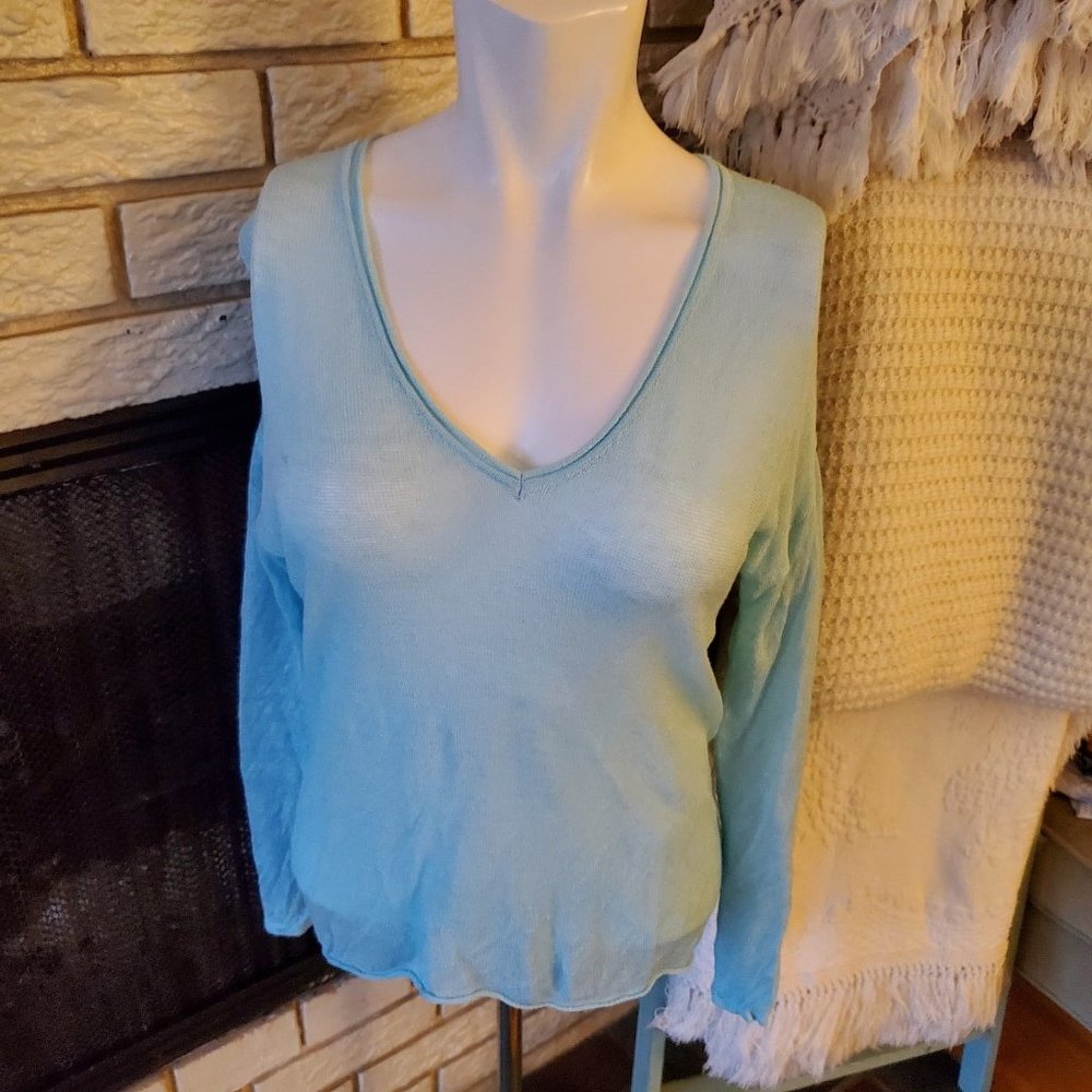 Feel the Piece Lightweight open Knit Linen Blend Aqua Sweater S